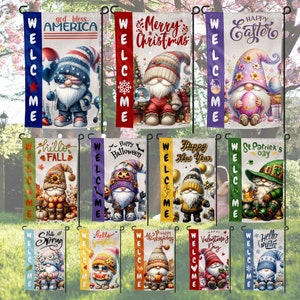 May include: A set of 12 colorful welcome flags featuring gnomes in various holiday themes. Each flag has the word "Welcome" written vertically on the left side and a holiday-themed gnome on the right side. The flags are designed for outdoor use and are perfect for adding a festive touch to your home.