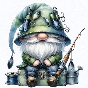 Watercolor Fishing Gnome clipart bundle Png, Fisherman gnome, fly fishing clipart watercolor, bass fishing clipart, Sublimation Designs.