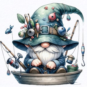 Watercolor Fishing Gnome clipart bundle Png, Fisherman gnome, fly fishing clipart watercolor, bass fishing clipart, Sublimation Designs.