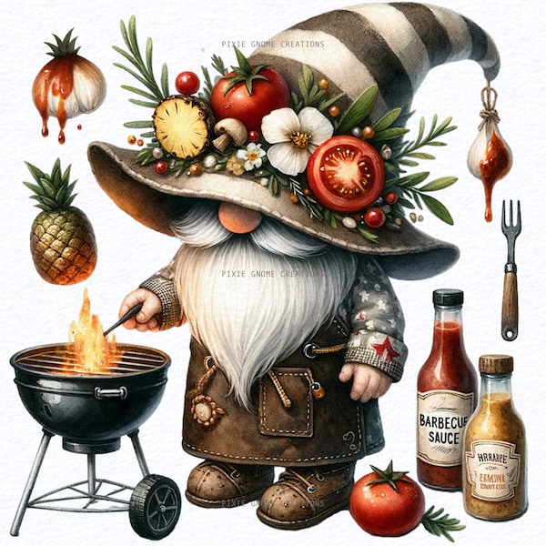 Watercolor Barbeque Gnome clipart bundle Png, Summer BBQ Gnome, Grill gnome, Let's Get Toasted, Camping food, Fall Gnomes, Camp fire