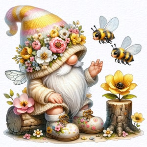 Watercolor Flower Bee Gnome Clipart Bundles, Gnome With Flowers, Clipart For Gardeners, Spring Gnomes, Sublimation Designs Downloads