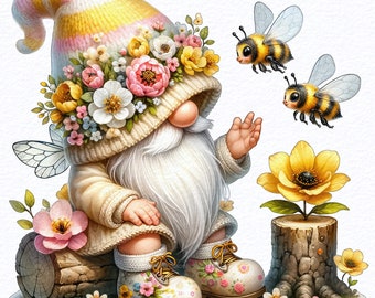 Watercolor Flower Bee Gnome Clipart Bundles, Gnome With Flowers, Clipart For Gardeners, Spring Gnomes, Sublimation Designs Downloads