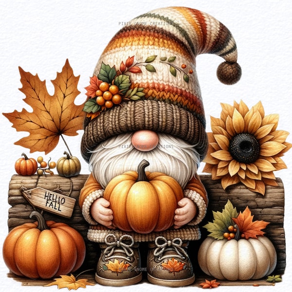 Watercolor Hello Fall gnome Clipart PNG Bundle, Fall Gnome Png, autumn Gnome Png, Gnome Thanksgiving, Pumpkin, Fall holidays sublimation