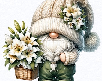 Watercolor Valentines Lily Floral Gnome Clipart PNG Bundle, Garden Gnome Flowers, Woodland Gnome Clipart, Spring Gnome, Sublimation Design