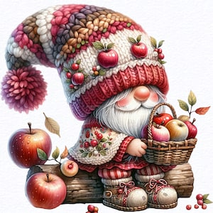 Watercolor Apple Gnome clipart bundle Png, Garden Farm clipart, Spring gnome png, Gnome With Flowers, Summer gnome png, Sublimation