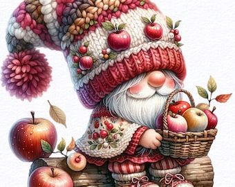 Watercolor Apple Gnome clipart bundle Png, Garden Farm clipart, Spring gnome png, Gnome With Flowers, Summer gnome png, Sublimation