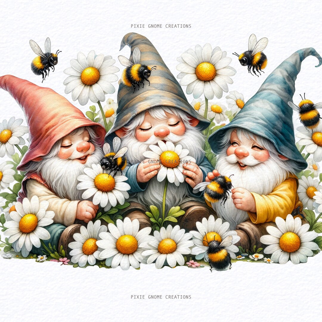 Watercolor Bumble Bee Daisy Flowers Gnome Clipart Bundle Png, Garden ...