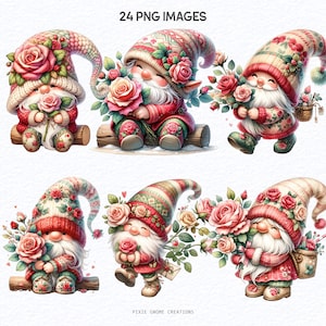 Watercolor Valentines Rose Floral Gnome Clipart PNG Bundle, Garden ...