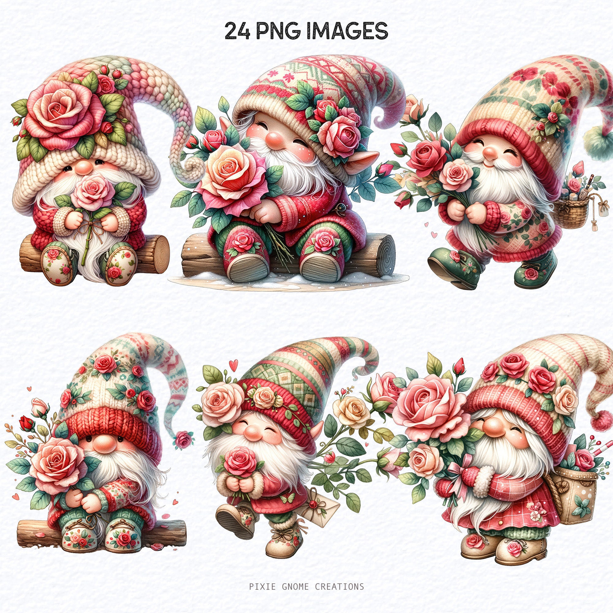 Watercolor Valentines Rose Floral Gnome Clipart PNG Bundle, Garden ...