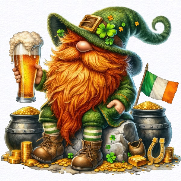 Watercolor St Patricks Day Gnomes Png clipart bundle, Irish beer, cute gnomes clipart, digital download st patrick day, Junk Journals,