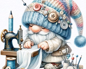 Aquarell Nähzwerg Clipart PNG Bundle, Nähmaschine, Quiltzwerge, Gonkwolle, Kinderzimmer Dekor, Wichtelliebhaber, Sublimationsdesigns