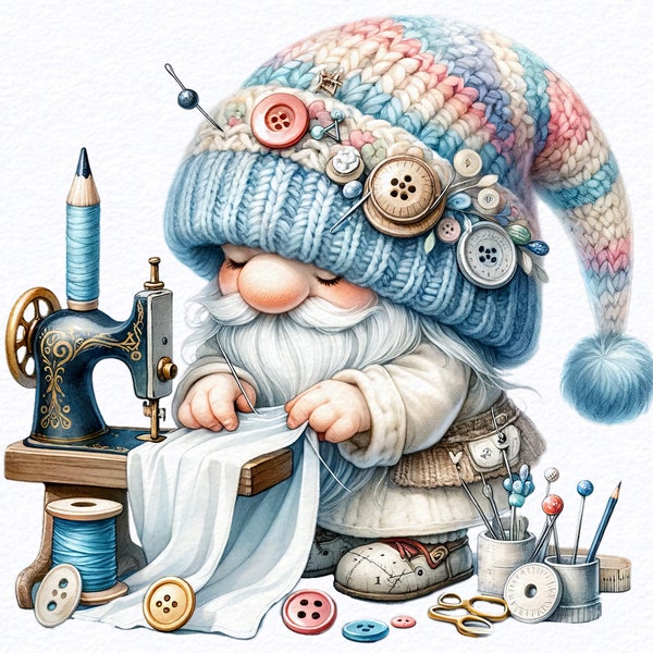 Watercolor Sewing Gnome Clipart PNG Bundle, Sewing Machine, Quilt Gnomes, Gonk Wool, Nursery Decor, Gnome Lovers, Sublimation Designs