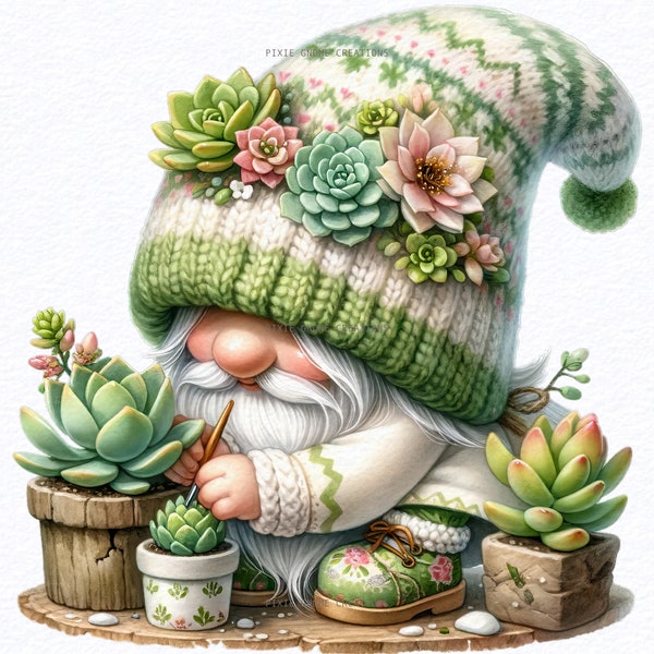 Watercolor Succulent Cactus Gnome clipart bundle Png, Succulent Garden clipart, Summer gnome png, Gnome With Flowers, Sublimation Designs