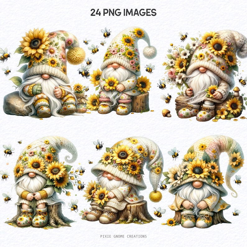 Watercolor Flower Bee Gnome Clipart Bundles, Sunflower Flowers, Clipart ...