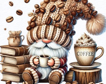 Akvarell gnomte och bok, bokgnom png, kaffegnomer png, kaffelattegnom, söta gnomer clipart, kaffeälskare png, sublimerad png