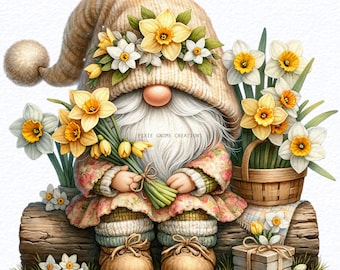 Acuarela San Valentín Floral Narciso Gnomo Clipart PNG Paquete, Flores de Gnomo de Jardín, Gnomo del Bosque, Gnomo de Primavera, Diseño de Sublimación