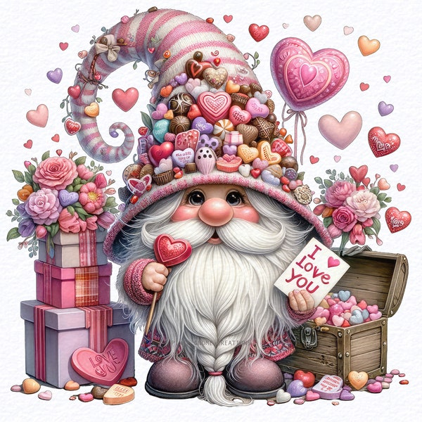 Chocolates Candies, Watercolor Valentines Gnomes Clipart, Valentines Day Clipart Bundle, Gnomes PNG, Fantasy Clipart, valentines gnomes png.