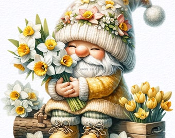 Acuarela San Valentín Floral Narciso Gnomo Clipart PNG Paquete, Flores de Gnomo de Jardín, Gnomo del Bosque, Gnomo de Primavera, Diseño de Sublimación