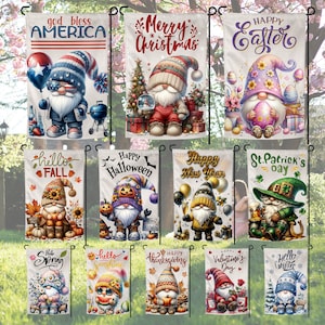 May include: A set of 12 garden flags featuring gnomes in various holiday themes. The flags are printed on a white fabric with a burlap texture. The gnomes are depicted in various poses and wearing different outfits. The flags are ideal for adding a festive touch to your garden or porch.