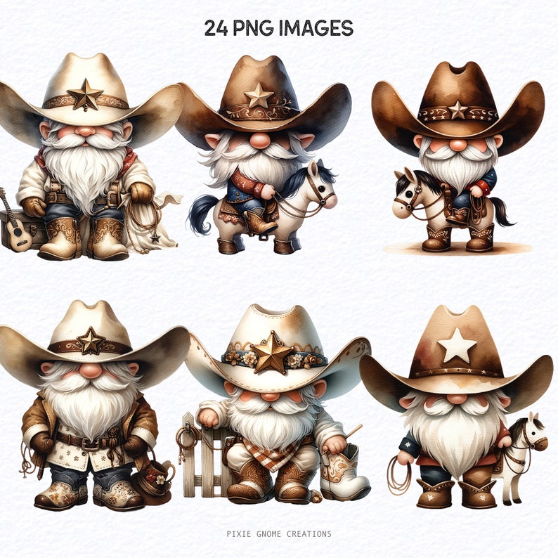 May include: Six cartoon gnomes wearing cowboy hats and outfits. Each gnome has a white beard and is holding a lasso or riding a horse. The gnomes are all wearing different colored shirts and pants. The background is white.