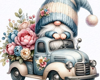 May include: A blue gnome with a white and blue knit hat sits in the driver's seat of a vintage blue pickup truck. The truck bed is filled with a bouquet of pink, blue, and white flowers.