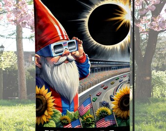 Indiana Total Solar Eclipse 2024 Gnome Garden Flag, 2024 solar eclipse, Outdoor Spring Garden Flag, Welcome Sign, Yard Sign Sublimation