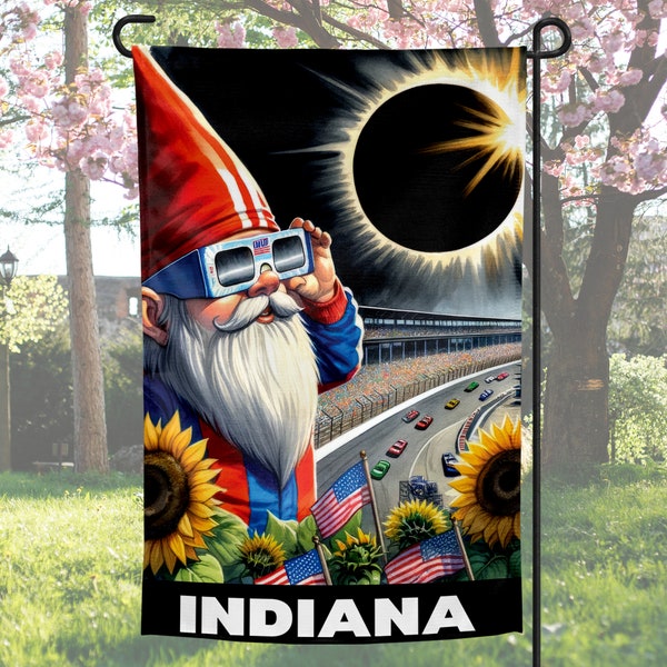Indiana Total Solar Eclipse 2024 Gnome Garden Flag, 2024 solar eclipse, Outdoor Spring Garden Flag, Welcome Sign, Yard Sign Sublimation