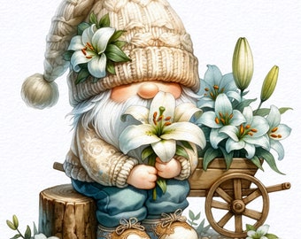 Watercolor Valentines Lily Floral Gnome Clipart PNG Bundle, Garden Gnome Flowers, Woodland Gnome Clipart, Spring Gnome, Sublimation Design