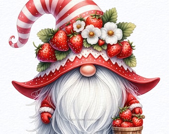 May include: A red and white striped gnome hat with a white beard and a red and white hat. The hat is decorated with strawberries and flowers. The gnome is holding a basket of strawberries.