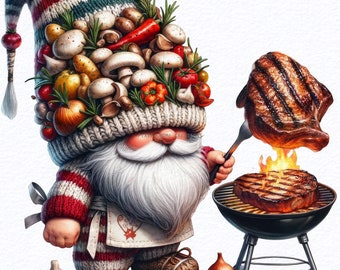Watercolor Steak Gnome clipart bundle Png, Summer BBQ Gnome, Grill gnome, Let's Get Toasted, Camping food, Fall Gnomes, Camp fire