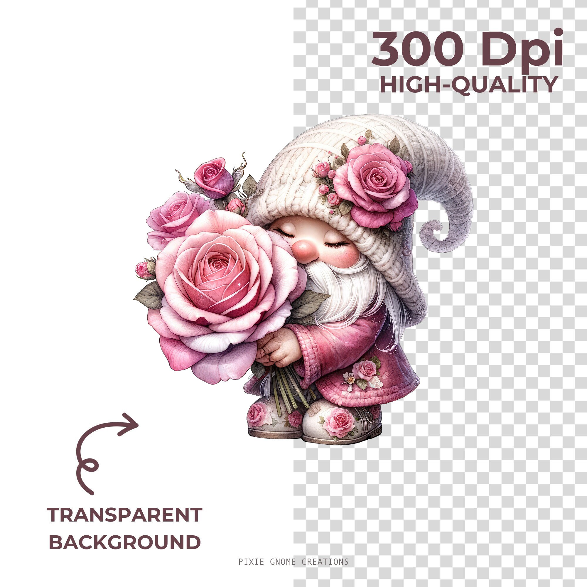 Watercolor Valentines Rose Floral Gnome Clipart PNG Bundle, Garden ...