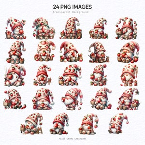 Może przedstawiać: 24 cyfrowych ilustracji przedstawiających krasnoludki w czerwono-białych czapkach i strojach w stylu truskawkowym. Krasnoludki trzymają truskawki, koszyki i inne przedmioty w stylu truskawkowym. Tło jest przezroczyste.