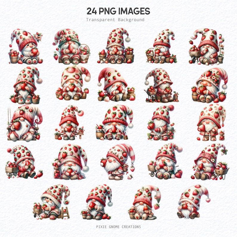 Może przedstawiać: 24 cyfrowych ilustracji przedstawiających krasnoludki w czerwono-białych czapkach i strojach w stylu truskawkowym. Krasnoludki trzymają truskawki, koszyki i inne przedmioty w stylu truskawkowym. Tło jest przezroczyste.