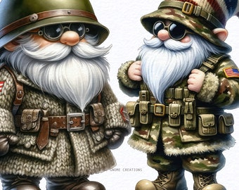 Peut inclure: Deux gnomes fantaisistes vêtus d'uniformes militaires. L'un porte un casque vert et un manteau en tricot, l'autre un uniforme camouflage et un chapeau rayé rouge, blanc et bleu. Ils ont tous deux des barbes blanches, des lunettes rondes et des bottes de combat.