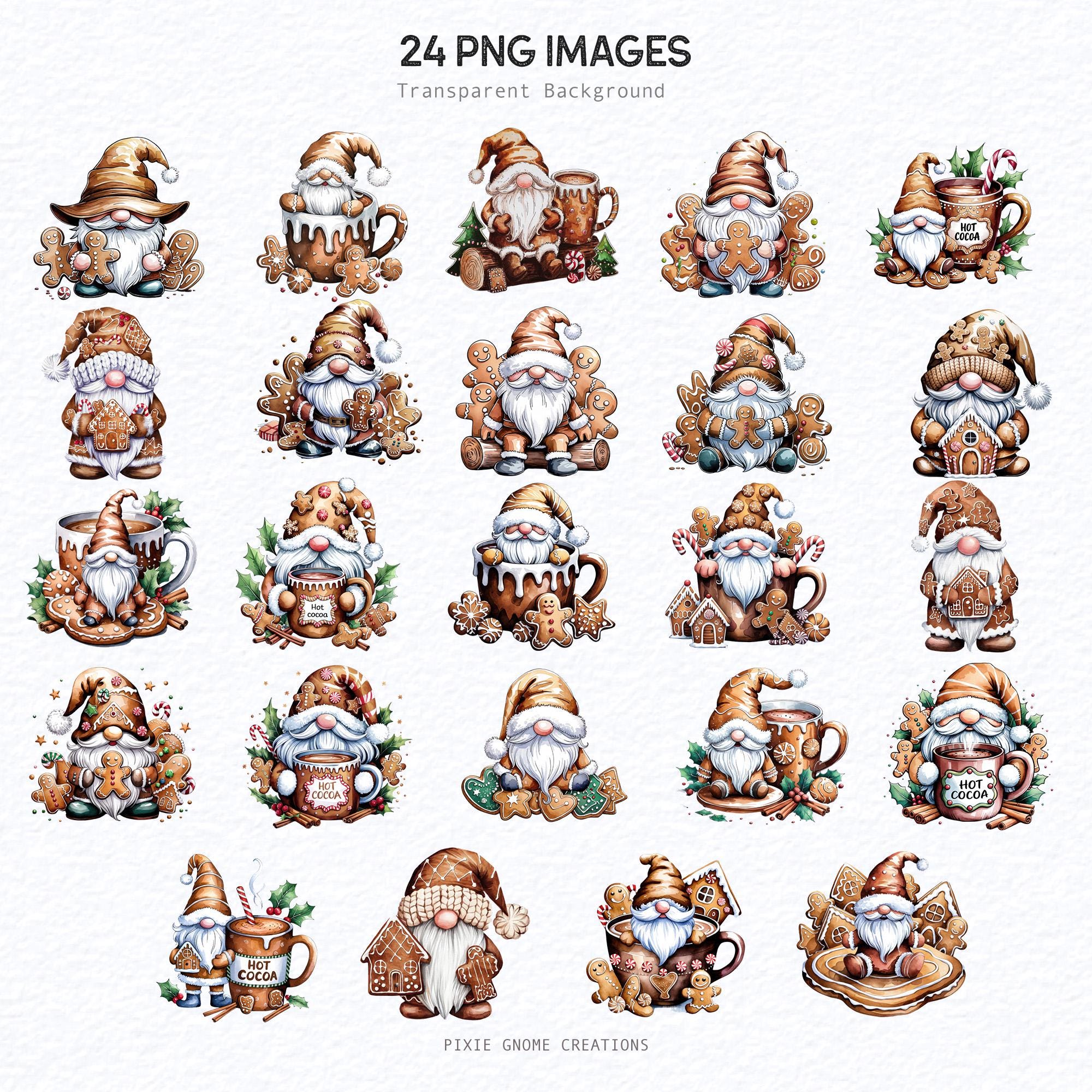 Watercolor Gingerbread Cookie Gnome Clipart PNG Bundle, Gingerbread Man ...