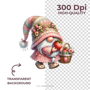 May include: A whimsical illustration of a garden gnome holding a large red strawberry and a basket of strawberries and flowers. The gnome wears a pink dress, a knitted hat, and floral-decorated shoes. The image has a transparent background and is labeled "300 DPI HIGH-QUALITY".