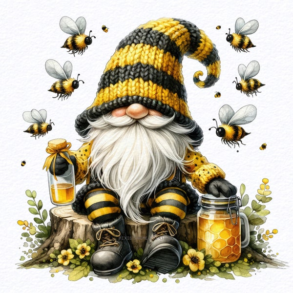 Honey Bee Gnomes Watercolor Clipart PNG, Bumble bee gnomes, Watercolor Gnomes Clipart, Clipart Bundle, Gnomes PNG, Honey Bee, Gnome Clipart