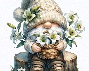 Watercolor Valentines Lily Floral Gnome Clipart PNG Bundle, Garden Gnome Flowers, Woodland Gnome Clipart, Spring Gnome, Sublimation Design