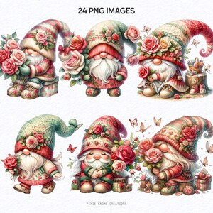 Watercolor Valentines Rose Floral Gnome Clipart PNG Bundle, Garden ...