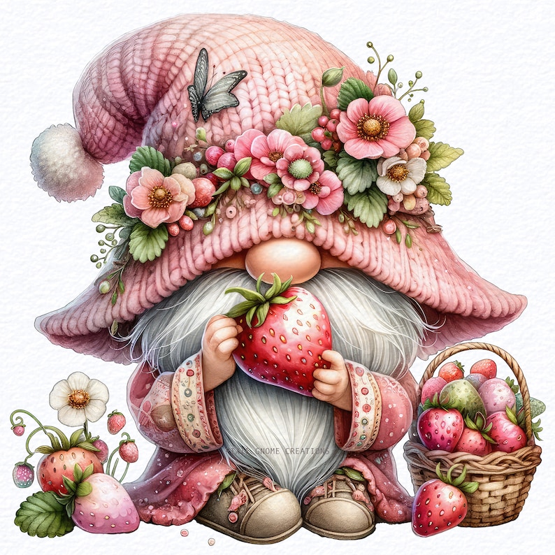 May include: A whimsical illustration of a gnome wearing a pink knitted hat adorned with flowers and a butterfly. The gnome holds a large red strawberry, with a basket of strawberries nearby. The image has a watercolor style.