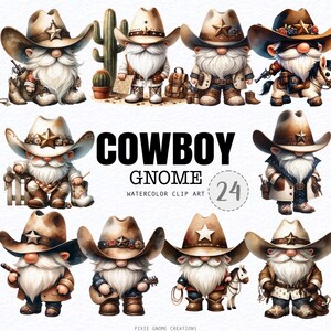 May include: A set of 24 watercolor clip art images of gnomes dressed as cowboys. The gnomes are wearing cowboy hats, vests, and boots. Some gnomes are holding lassoes, guitars, and other cowboy accessories. The text "COWBOY GNOME WATERCOLOR CLIP ART 24" is at the bottom of the image.