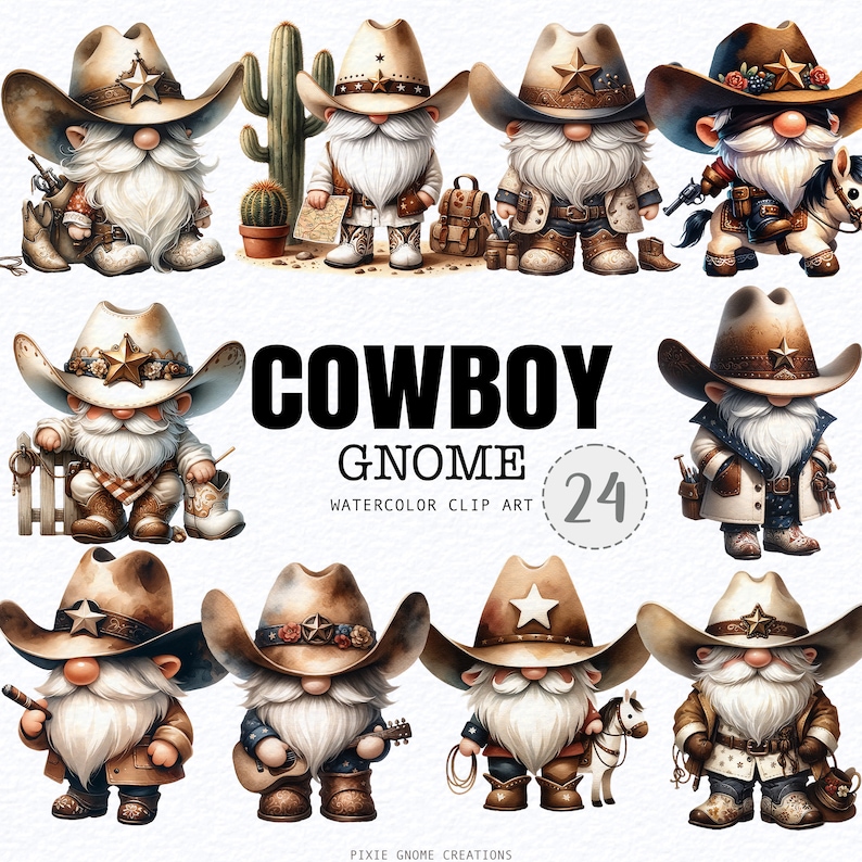 May include: A set of 24 watercolor clip art images of gnomes dressed as cowboys. The gnomes are wearing cowboy hats, vests, and boots. Some gnomes are holding lassoes, guitars, and other cowboy accessories. The text "COWBOY GNOME WATERCOLOR CLIP ART 24" is at the bottom of the image.