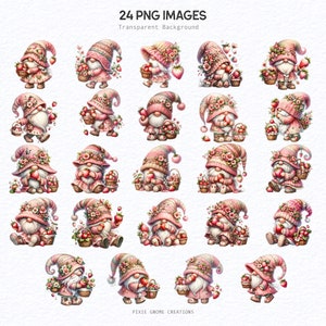 May include: A collection of 24 PNG images featuring whimsical gnomes with pink hats and outfits, holding strawberries and baskets. The gnomes are adorned with floral accents. The text "24 PNG IMAGES" and "Transparent Background" is at the top.