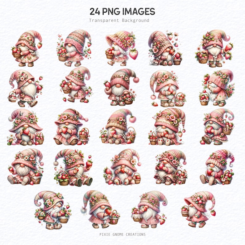 May include: A collection of 24 PNG images featuring whimsical gnomes with pink hats and outfits, holding strawberries and baskets. The gnomes are adorned with floral accents. The text "24 PNG IMAGES" and "Transparent Background" is at the top.
