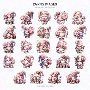 Watercolor Valentines Rose Floral Gnome Clipart PNG Bundle, Garden ...