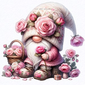 Watercolor Valentines Rose Floral Gnome Clipart PNG Bundle, Garden ...