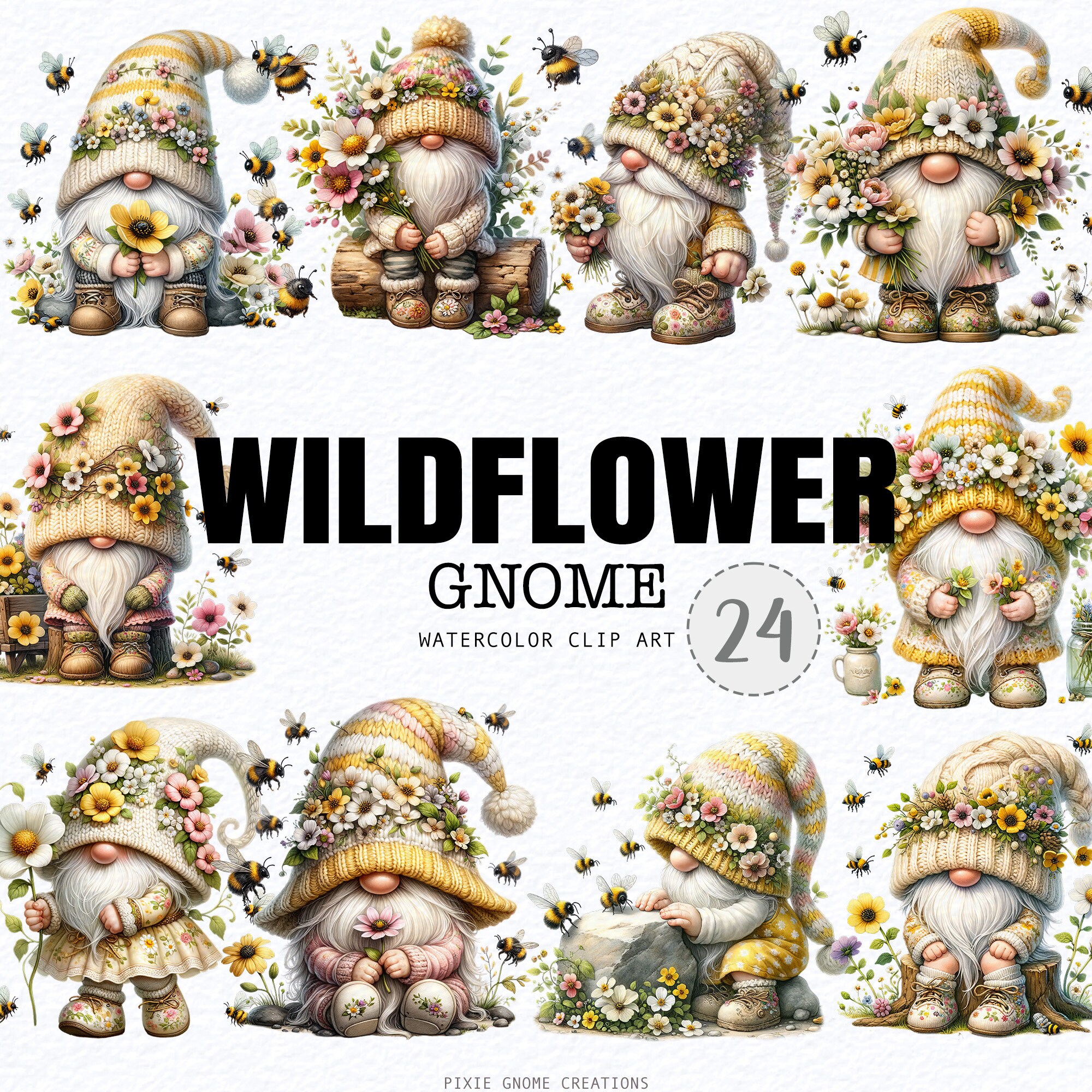 Watercolor Wildflower Bumble Bee Gnome Clipart Bundle Png, Garden ...