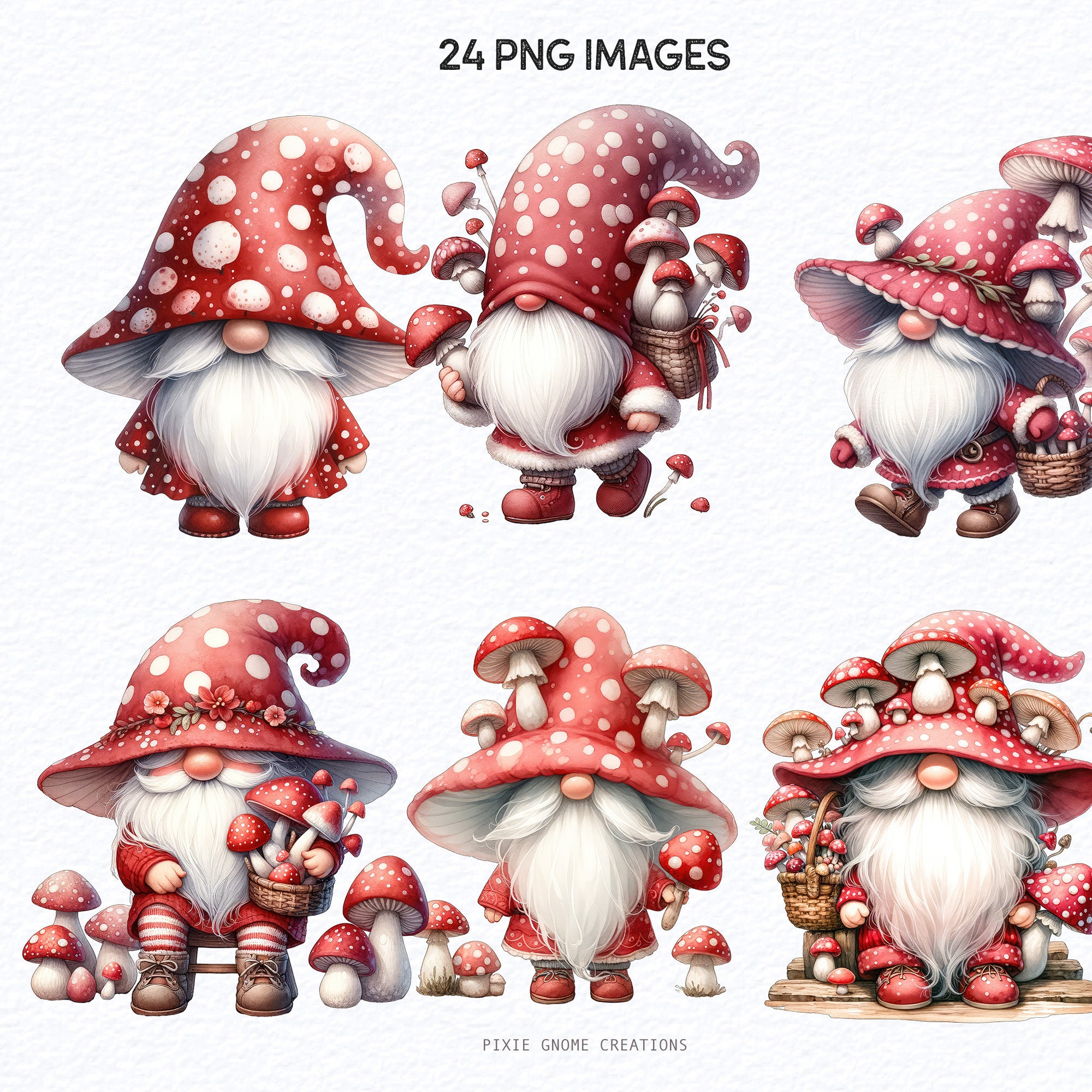 Watercolor Mushroom Gnome Clipart PNG Bundle, Garden Gnome With Flowers ...