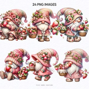 May include: A collection of six whimsical gnome illustrations, each adorned with pink and white knitted hats and outfits. The gnomes are holding strawberries and baskets of strawberries. The text "24 PNG IMAGES" is at the top. The text "PIXIE GNOME CREATIONS" is at the bottom.