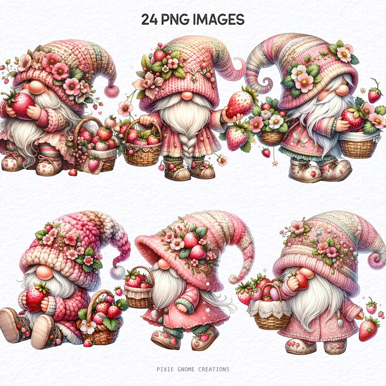 May include: A collection of six whimsical gnome illustrations, each adorned with pink and white knitted hats and outfits. The gnomes are holding strawberries and baskets of strawberries. The text "24 PNG IMAGES" is at the top. The text "PIXIE GNOME CREATIONS" is at the bottom.